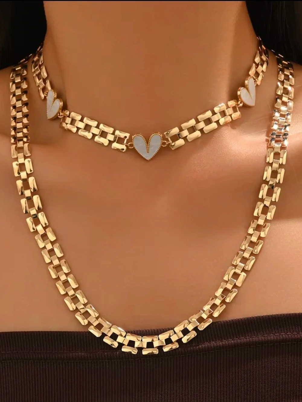 Twopieces Gold Heart Link Choker & Chain Necklace Set
